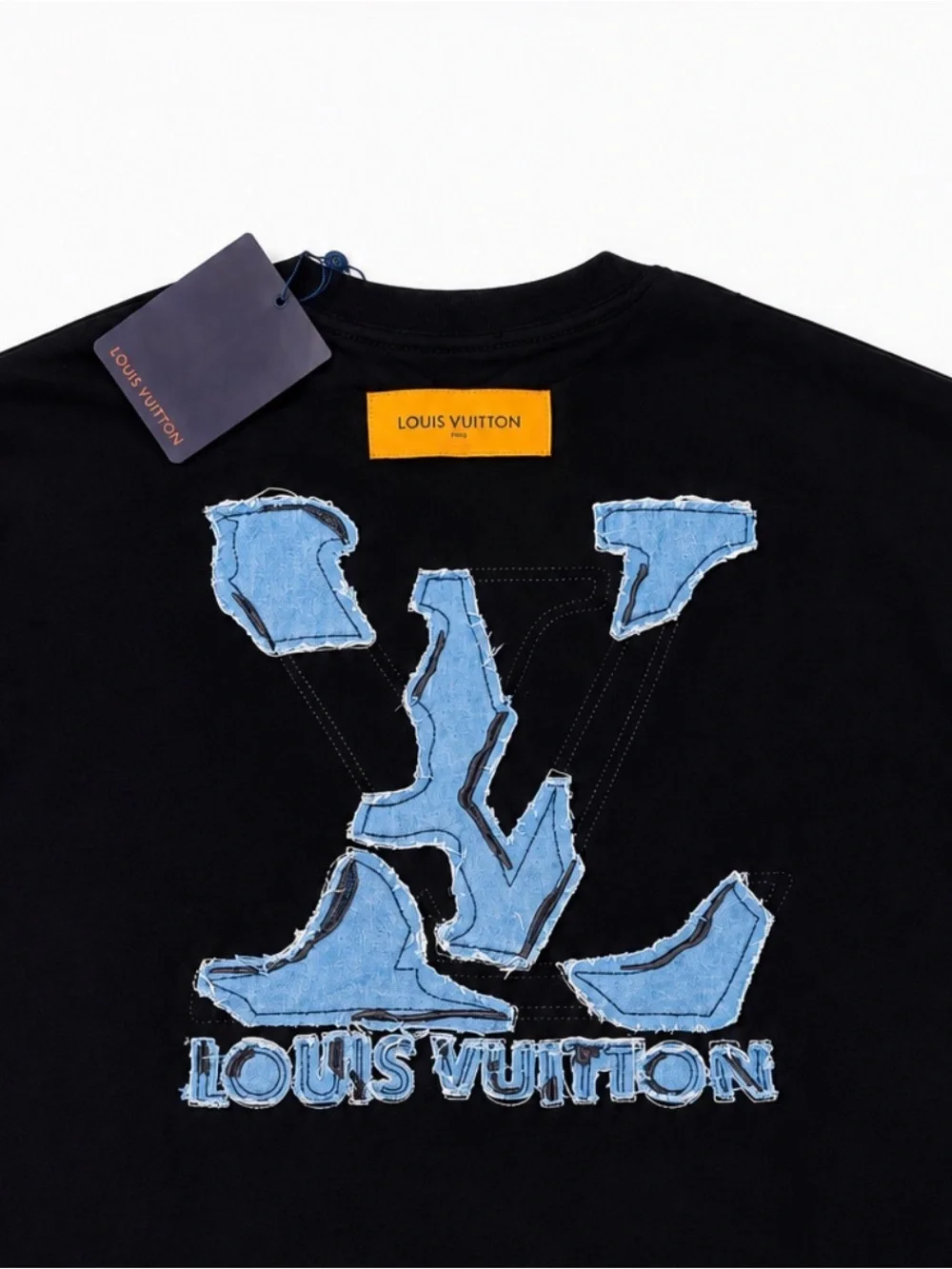 Louis Vuitton Black Tee with Distressed Blue Denim LV Logo